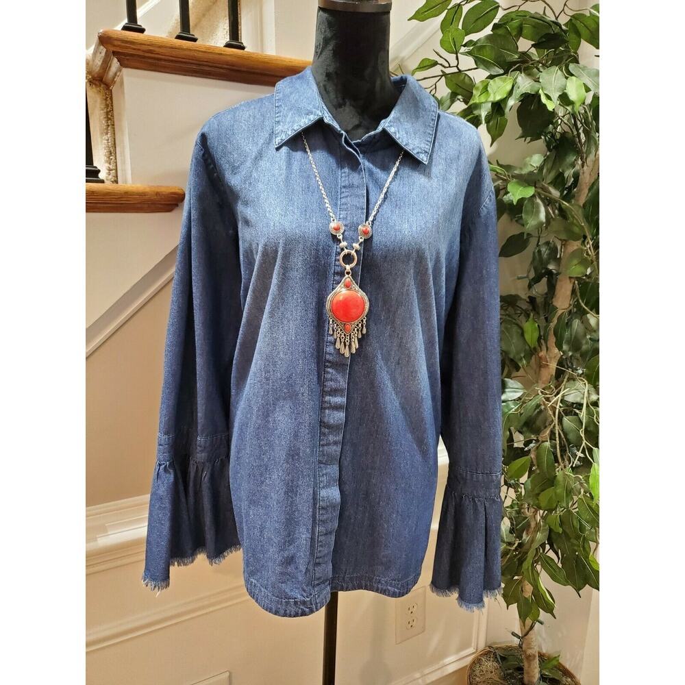 Lane Bryant Women's Blue 100% Cotton Collared Long Sleeve Casual Shirt Size 26